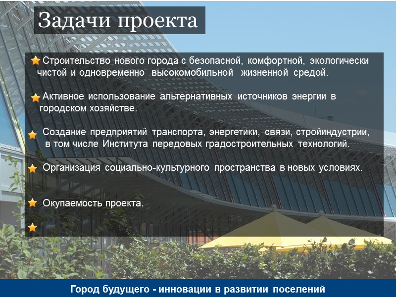 Задачи проекта      Строительство нового города с безопасной, комфортной, экологически